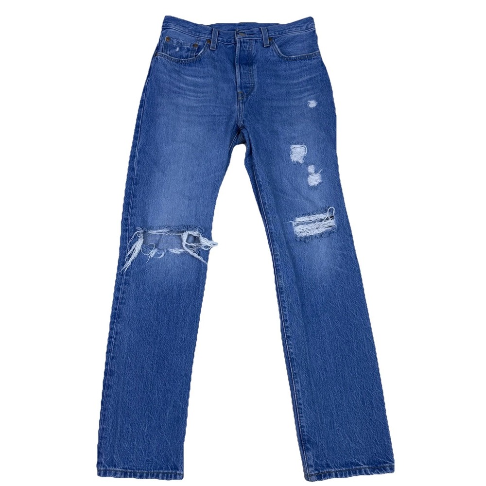 Levi's 501 Premium Womens 27x30 High Rise Distressed Straight Jeans Blue